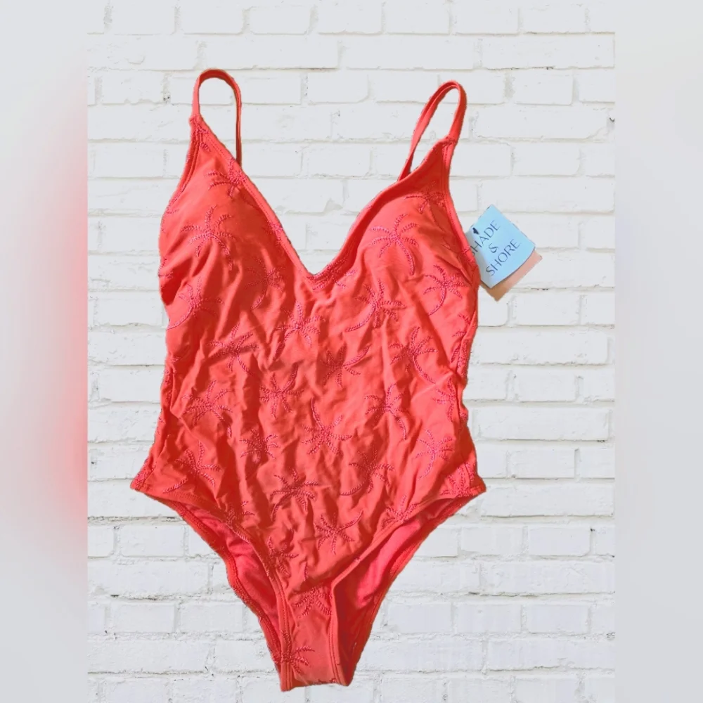 SHADE & SHORE Palm Print Embroidered Plunge Neck Full Coverage One Piece - Picture 4 of 4